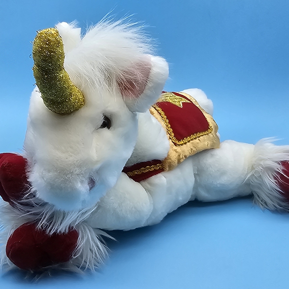 RARE Vintage Commonwealth White Plush Unicorn with Red Gold Sparkle Star Saddle